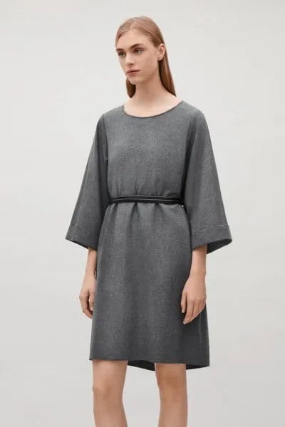 Grey Gathered Waist Wool Mini Dress