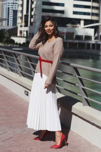 Grey Ribbed Chunky Sweater with Red Belt & White Pleated Skirt