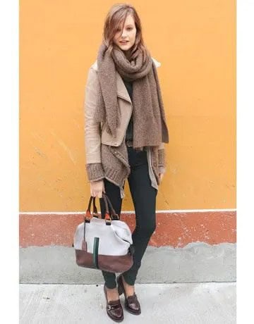 Black Loafers with Ivory Leather Jacket & Green Scarf