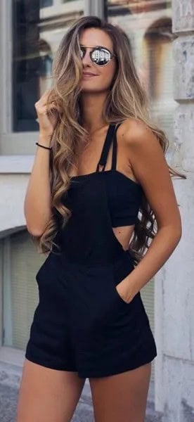 Black Overall Shorts with Spaghetti Strap Crop Top