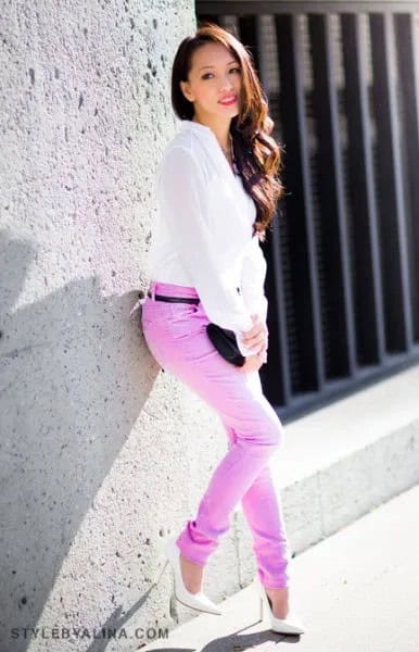 White Chiffon Blouse with Colored Belted Slim Fit Jeans