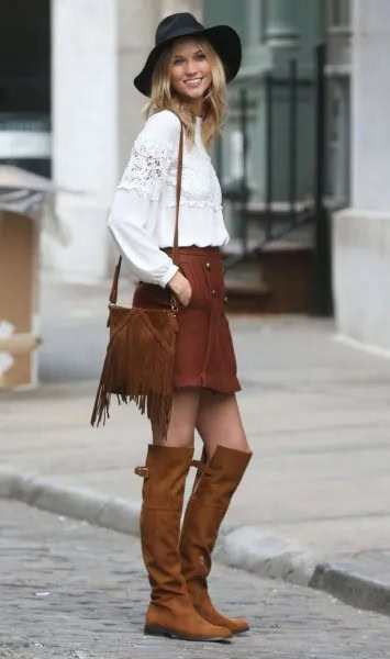 Wear with Brown Leather Mini Skirt & Over The Knee Boots