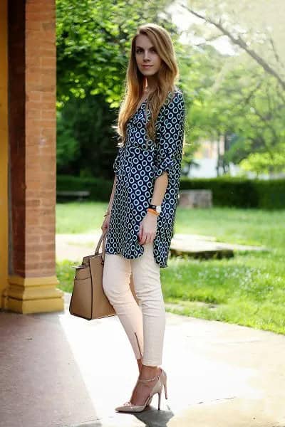 Black Tribal Printed Tunic with White Jeans