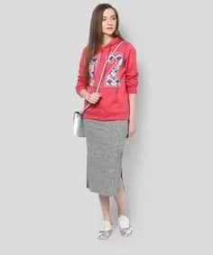 Pink Graphic Zip Up Sweatshirt with Heather Grey Midi Skirt