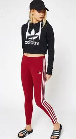 Black Graphic Cropped Hoodie with Baseball Cap & Red and White Striped Leggings