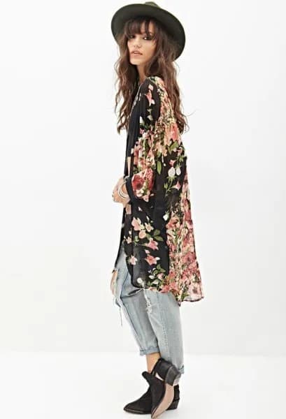 Black Floral Printed Kimono with Ripped Boyfriend Jeans & Boots