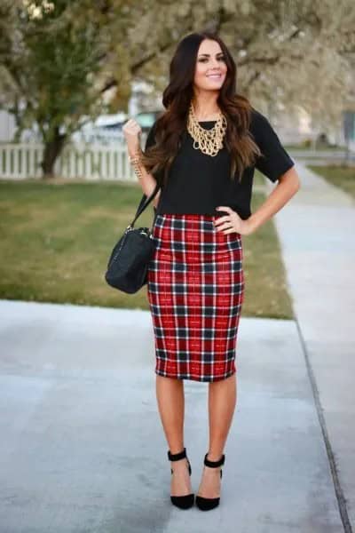 Black T Shirt with Red Plaid Bodycon Midi Skirt