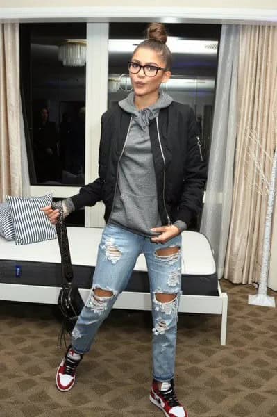 Grey Hoodie with Black Bomber Jacket & Ripped Boyfriend Jeans