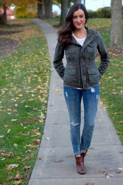 Grey Jacket with Blue Ripped Boyfriend Jeans