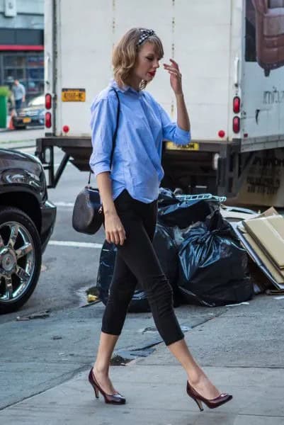 Sky Blue Button Up Shirt with Black Capris