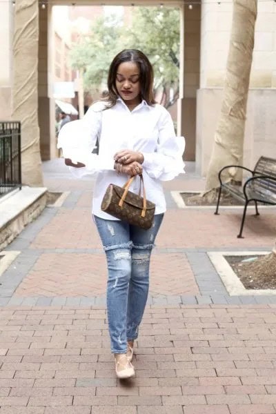 Ruffle Sleeve Button Up Shirt with Light Blue Ripped Slim Fit Jeans