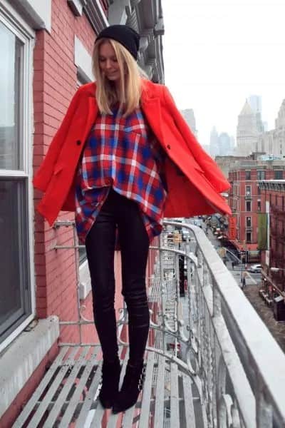 Red Wool Coat with Navy and Orange Plaid Shirt