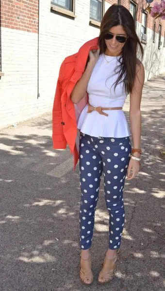 Purple and White Polka Dot Pants with Orange Coat