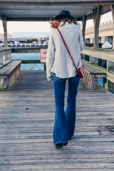 Light Grey Ribbed Sweater Cardigan with Flare Jeans & Felt Hat