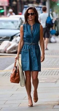 Sleeveless Chambray Shirt Dress with Pink Heels