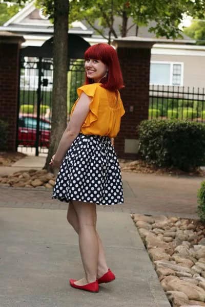 Mustard Color Sleeveless Blouse with Black and White Polka Dot Skater Skirt