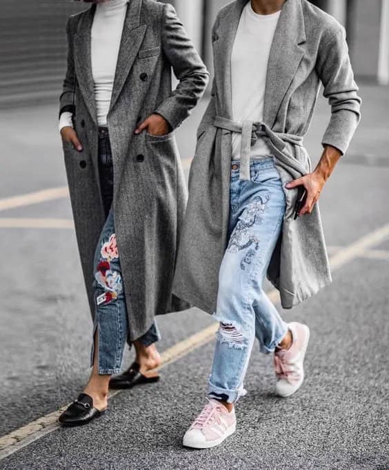 Embroidered Jeans and Grey Coat