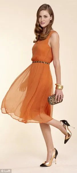 Orange Chiffon Belted Tank Dress with Pointed Toe Heels