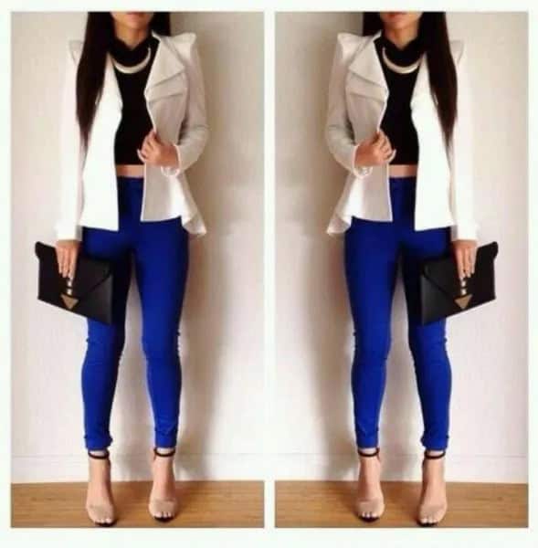 White Puff Shoulder Blazer with Royal Blue Leggings & Open Toe Heels