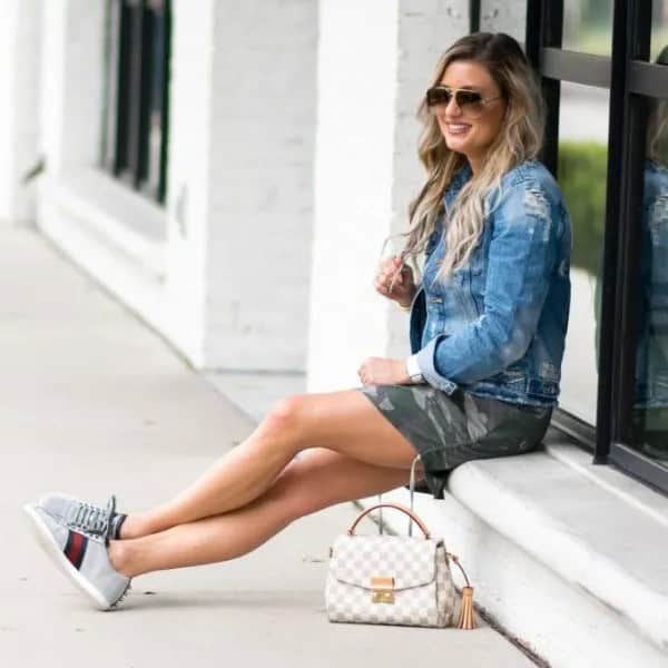 Denim Jacket with Camo Mini Shorts & Light Grey Chambray Sneakers