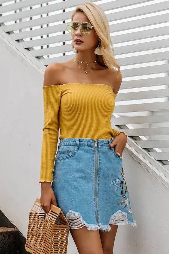 Denim Skirt and Knit off the Shoulder Top