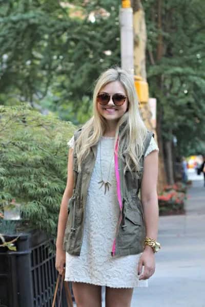 White Lace Shift Dress with Green Cargo Vest