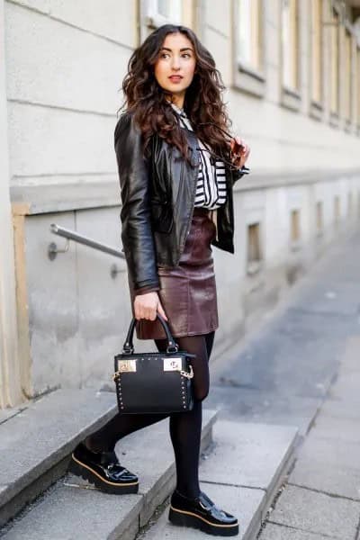 Black Biker Jacket with Leather Skirt & Platform Loafers