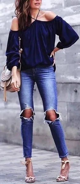 Navy Off The Shoulder Blouse with Ripped Skinny Jeans