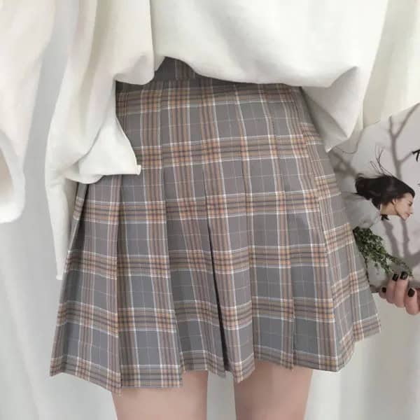 White Chunky Sweatshirt with High Rise Mini Plaid Skirt