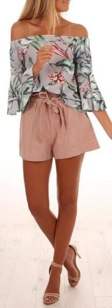 Pink and White Floral Printed Strapless Shirt with Mini Flowy Shorts