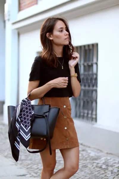 Black T Shirt with Brown Suede Skirt