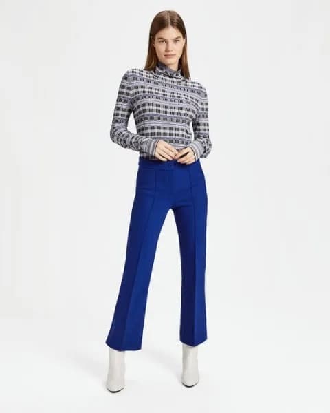 Mock Neck Black Printed Sweater with Blue Flared Pants