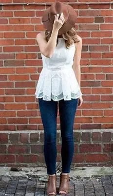 White Lace Sleeveless Blouse with Dark Blue Skinny Jeans