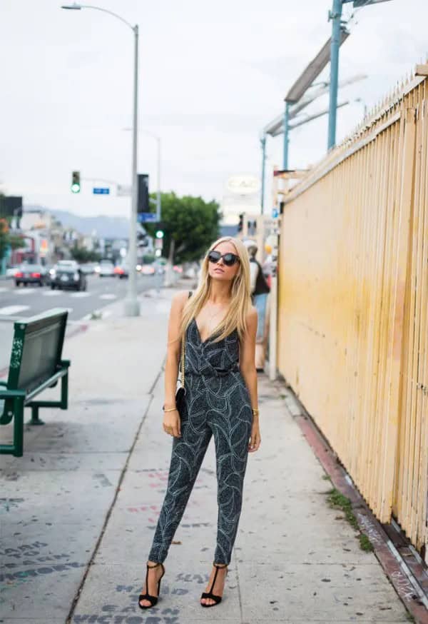 Black Deep V Neck Belted Patterned Glitter Jumpsuit