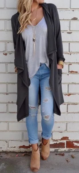 Grey Long Cardigan with V Neck Tunic Tee