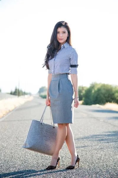 Navy and White Pinstripe Shirt with Grey Pencil Skirt