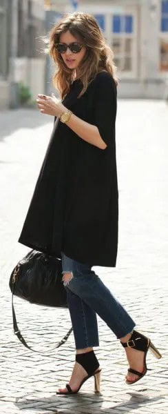 Black Tunic Dress with Skinny Jeans & Heels