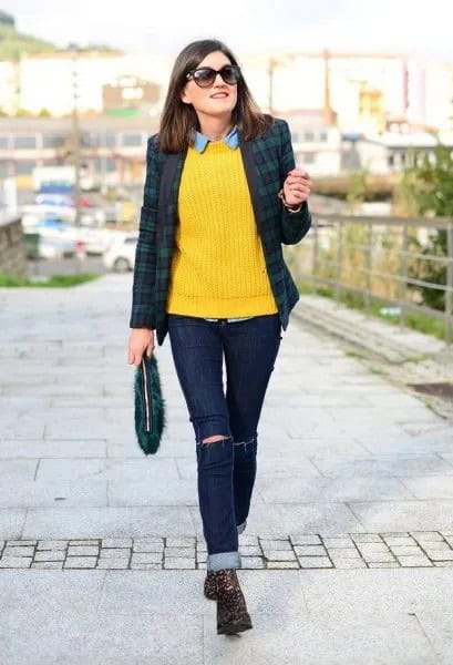 Yellow Knit Sweater with Plaid Blazer