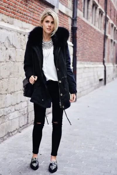 Black Faux Fur Collar Parka Jacket with White Tribal Printed Top