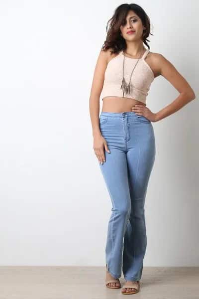 Cropped Form Fitting Pale Pink Vest Top with Light Blue High Rise Jeans