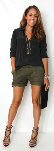 Black Blouse with Green Linen Shorts