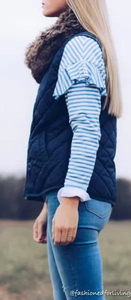 Navy Blue Vest with Striped Long Sleeve Tee & Slim Fit Jeans