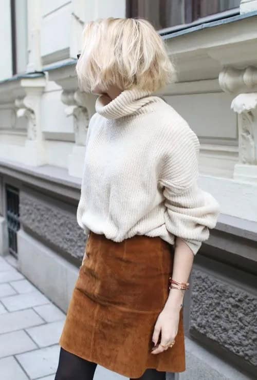 Oversized Turtleneck and Suede Skirt