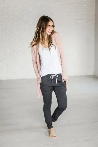 Light Brown Cardigan with White Tank Top & Grey Jogger Pants