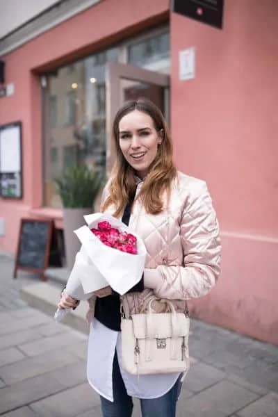 Rose Gold Quilted Jacket with Long White Shirt