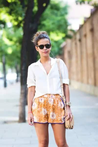 White Button Up Shirt with Lime Green Flowy Shorts