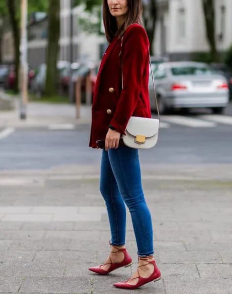 Burgundy Corduroy Double Breasted Blazer with Blue Velvet Skinny Jeans