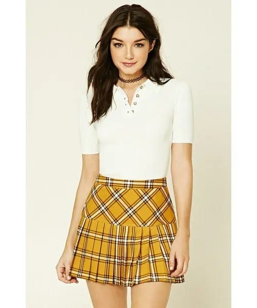 Mustard Yellow Plaid Pleated Mini Skirt with White Fitted Polo Shirt