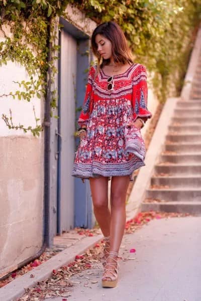 Red and Black Tribal Flare Mini Dress with Gold Platform Heels