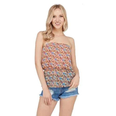 Orange and Blue Floral Printed Strapless Top with Mini Denim Shorts